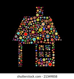 Vector illustration of house  shape  made up a lot of  multicolored small flowers on the black background