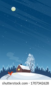 Vector Illustration Of A House With A Shining Window In A Winter Forest.Red Fox Looks In The Window Of The House.Vertical Banner Winter Night Landscape With Moon.