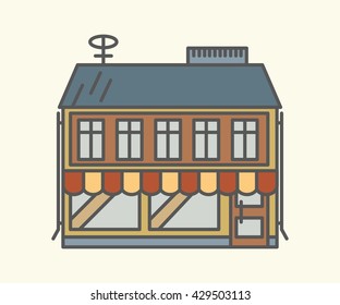 Vector illustration of a house, a shop, a house, two floors, window, showcase, glass, illustration on a light background, lines, architecture, sketch, colored illustration of a home