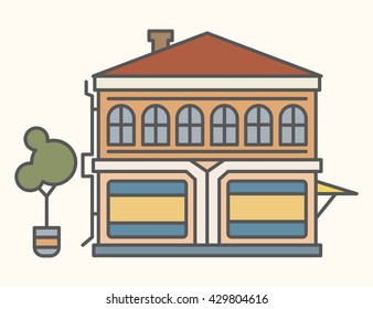 Vector illustration of a house, a shop, a house, two floors, window, showcase, glass, illustration on a light background, lines, architecture, sketch, colored illustration of a home, tree in a pot