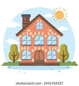 ilustración vectorial de una casa con sol y nubes de cielos