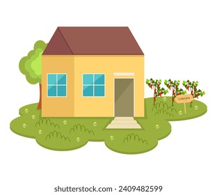Ilustración vectorial de la casa con jardín pequeño, ilustración plana.