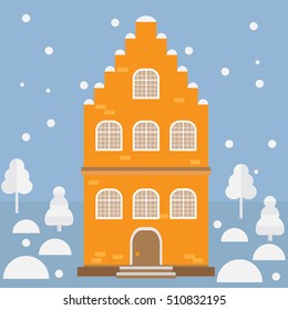 Vector illustration house in the snow. Design element for postcard, banner, flyer or print. Christmas card.
