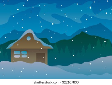 Vector illustration. House in the snow and mountains near a Christmas tree.