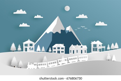 Vector Illustration Of House And Snow Paper Art With Train. Beauty Hill And Sky