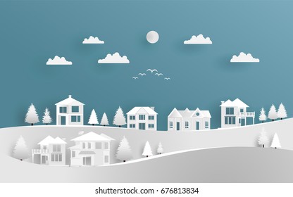 vector illustration of  house snow paper art. beauty hill and sky