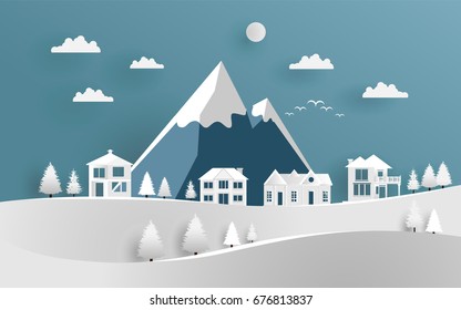 vector illustration of  house snow paper art with mountain. beauty hill and sky