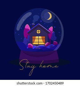 Vector illustration -  House in a snowball. Stay home concept.  