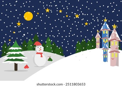 Vector illustration of a house in a snowy Christmas landscape at night. Christmas tree and snowman Background with moon and silhouette of Christmas tree, greeting or postcard concept.