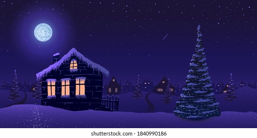 Vector illustration. House in snowy village with pine trees at starry night