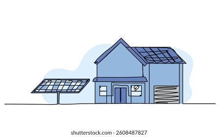 Vector illustration of house with solar panel. Modern flat in continuous line style.