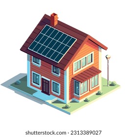 Casa de ilustración vectorial con paneles solares en un diseño plano, estilo minimalista. Paneles solares en el tejado de la casa, mostrando su característica ecológica y eficiente desde el punto de vista energético