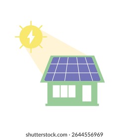 Vector illustration of a house with solar panels on the roof and sun above, symbolizing clean, renewable energy for eco-friendly living and sustainable housing design.