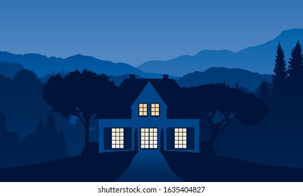 vector illustration of a house somewhere in the mountain landscape in the night with light falling through the windows