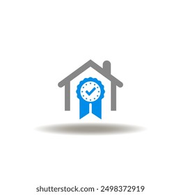 Vector illustration of house and stamp with check mark. Icon of probate. Symbol of property contract.