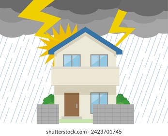 Vector illustration of a house struck by lightning