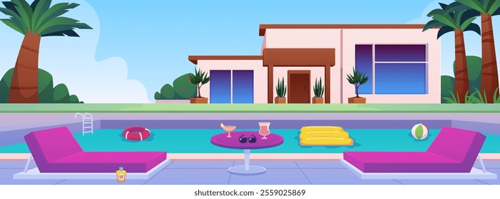 Vector illustration of a house with a swimming pool, palm trees, sun loungers, a table and an inflatable circle, a ball.Design of summer outdoor recreation