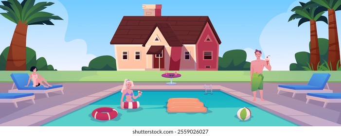 Vector illustration house with a swimming pool with girls in swimsuits and guy. They sunbathe on a sun lounger and swim with an inflatable circle, enjoy drinks