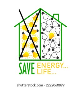 Vektorgrafik. Haussymbol mit Glühbirnen im Inneren, auf weißem Hintergrund. Das Konzept der Energieeinsparung. Aufschrift "Energie sparen" Leben retten"
