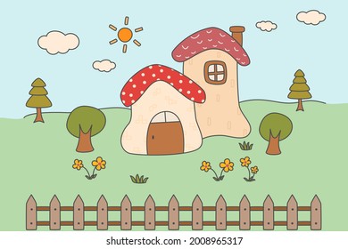 Vector illustration of a house that looks like a mushroom hut or built from clay. with chimney, fence, pine, flowers, forest scenery, cute cartoon style, hand drawn