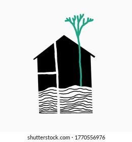 Vektorgrafik. Haus und Baum. Achtung der natürlichen Ressourcen.