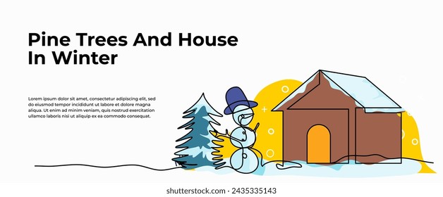 Vector illustration of a house with trees and a snowman. Modern flat in continuous line style.