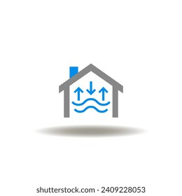 Vector illustration of house with waves and arrows up down. Symbol of smart home air high comfort technology. Icon of HVAC Heating Ventilation Air Conditioning.