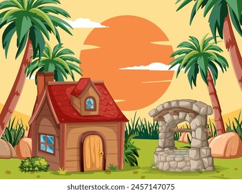 Vector illustration of a house and well at sunset.