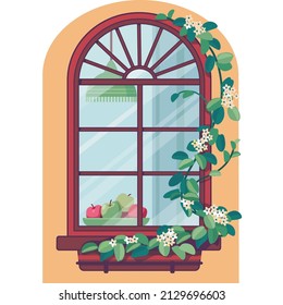 Vector illustration of a house window. Flower grows in a pot. Behind the glass you can see part of the interior of the house, a chandelier and a dish with apples.