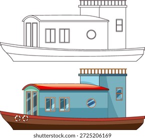 Ilustração vetorial de uma casa flutuante, versões coloridas e contornadas, estilo plano, perspectiva lateral