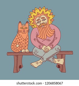 vector illustration. Houseelf sits on a bench with a cute cat