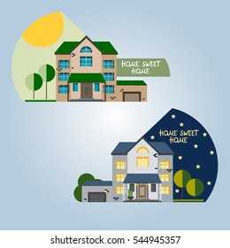 Vector Illustration. House.Flat Design. Night And Day. Home Sweet Home. Summer.