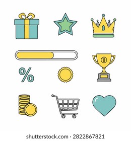 Vector illustration of household items and travel essentials including a suitcase, house, lamp, clock, globe, keys, wallet, camera, airplane, and boat
