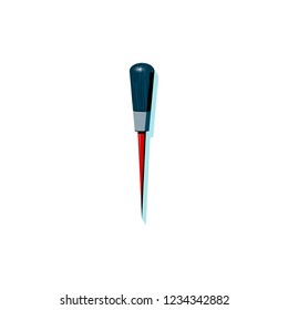 Vector illustration of household tool bradawl in flat style. Icon of bradawl with turquoise shadow on white background, object with shadow in red, gray, dark green and black. Handyman toolkit item