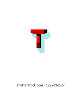 Vector illustration of household tool and consumable parts in red and black colors. Icon of tool with minty green shadow. Bolt, nail. Handyman toolkit item