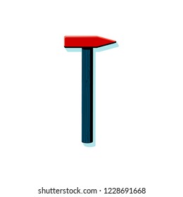 Vector illustration of household tool hammer. Icon of hammer with turquoise shadow on white background, color drawing, object with shadow in red, dark green and black. Handyman toolkit item