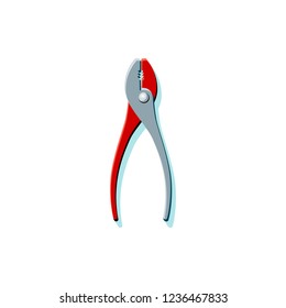 Vector illustration of household tool pliers in flat style. Icon of pliers with turquoise shadow on white background, drawing, object with shadow in red, gray and black colors. Handyman toolkit item