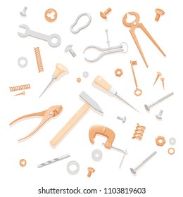 Vector illustration of household tools. Tools composition for banner. Illustration of tools for a logotype. Handyman’s tools for a business card. Contents of a tool box for a master class flyer.