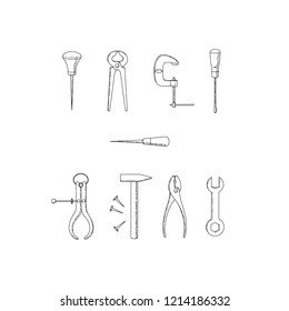 Vector illustration of household tools.  Icons of tools drawn with black line on white background. Bradawl, outside caliper, screwdriver, cutting pliers, hammer, clamp, wrench, pliers in line style.