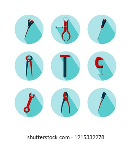 Vector illustration of household tools.  Icons of tools on minty green background with long shadow. Bradawl, outside caliper, screwdriver, cutting pliers, hammer, clamp, wrench, pliers in flat style.