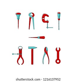 Vector illustration of household tools.  Icons of tools drawn with black line and red and turquoise colors. Bradawl, outside caliper, screwdriver, cutting pliers, hammer, clamp, wrench, pliers.