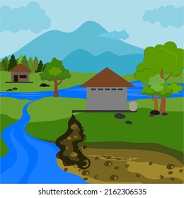 Vector illustration of household waste polluting the river. flat design.