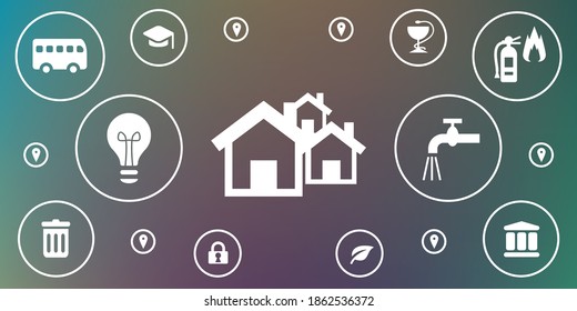 vector illustration of households and public services for tax payment and supply control in urban areas