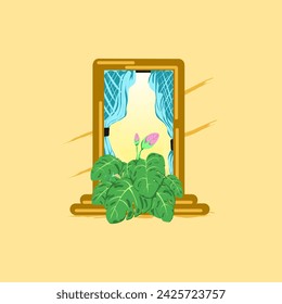 Vector illustration of houseplants on the balcony. Room full of plants, view through the window. Urban jungle concept. spring garden concept