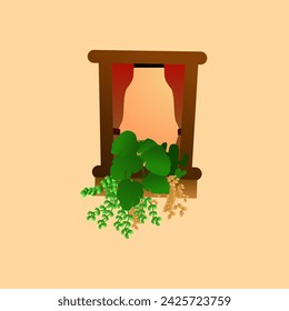 Vector illustration of houseplants on the balcony. Room full of plants, view through the window. Urban jungle concept. spring garden concept