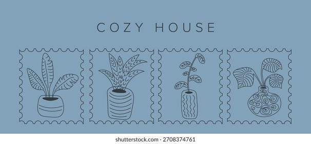 Vector illustration. Houseplants in pots, background, minimalist design, banner, cover.