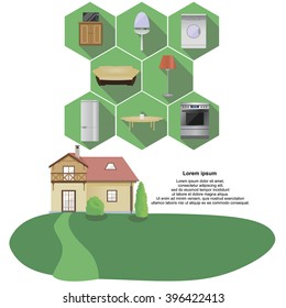 Vector illustration of houses and 7 icons furniture