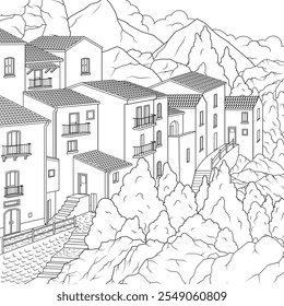 Ilustración vectorial, casas entre las rocas, colorear