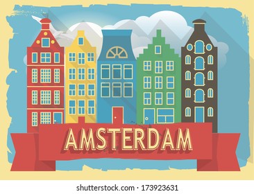vector illustration houses of amsterdam on retro style poster or postcard.