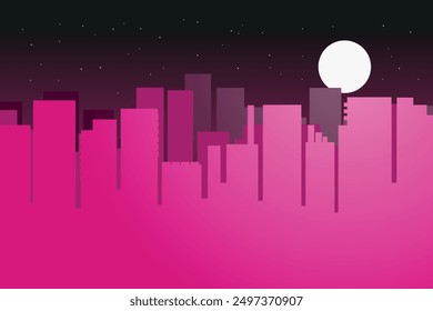 vector illustration of houses city high-rise buildings pink night